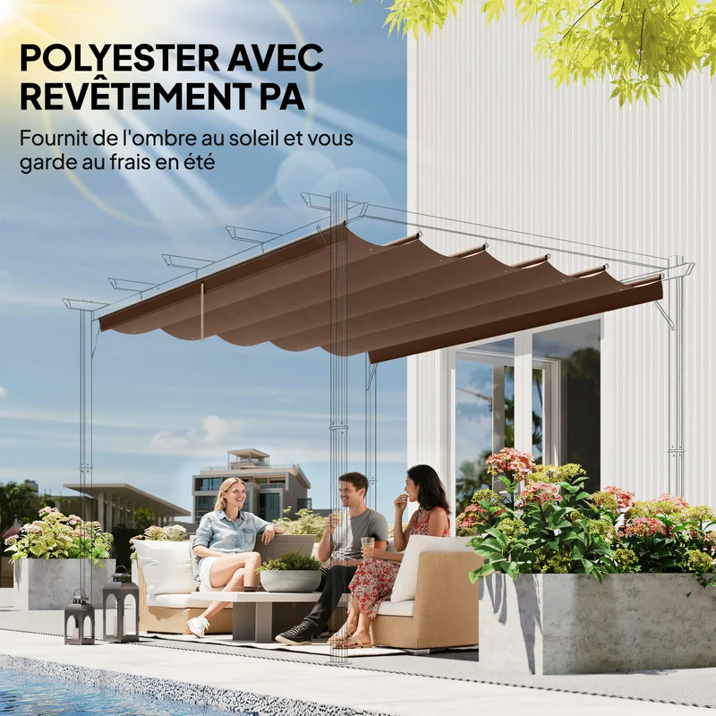 Toile de toit pergola 350 x 260 cm protection solaire évacuation eau design extérieur avec œillets en polyester café 21_0004807