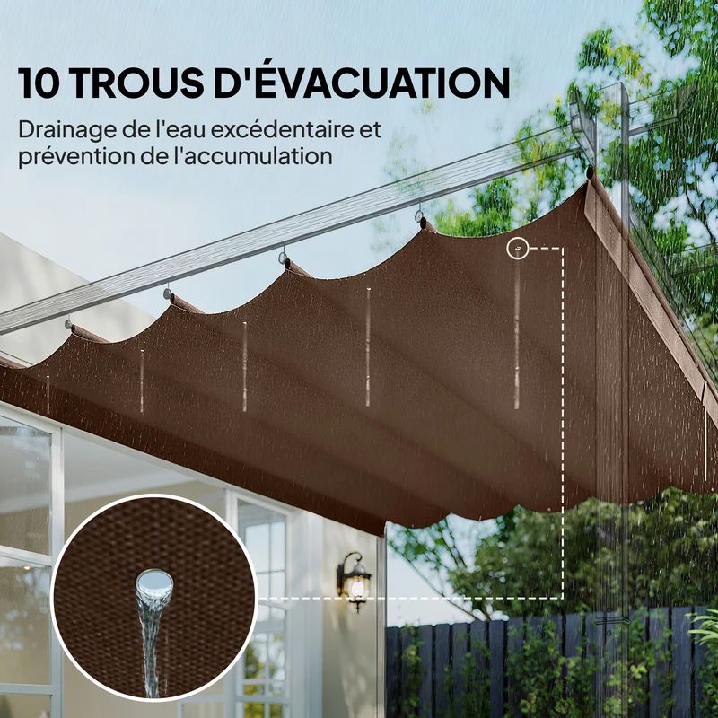 Toile de toit pergola 350 x 260 cm protection solaire évacuation eau design extérieur avec œillets en polyester café 21_0004807
