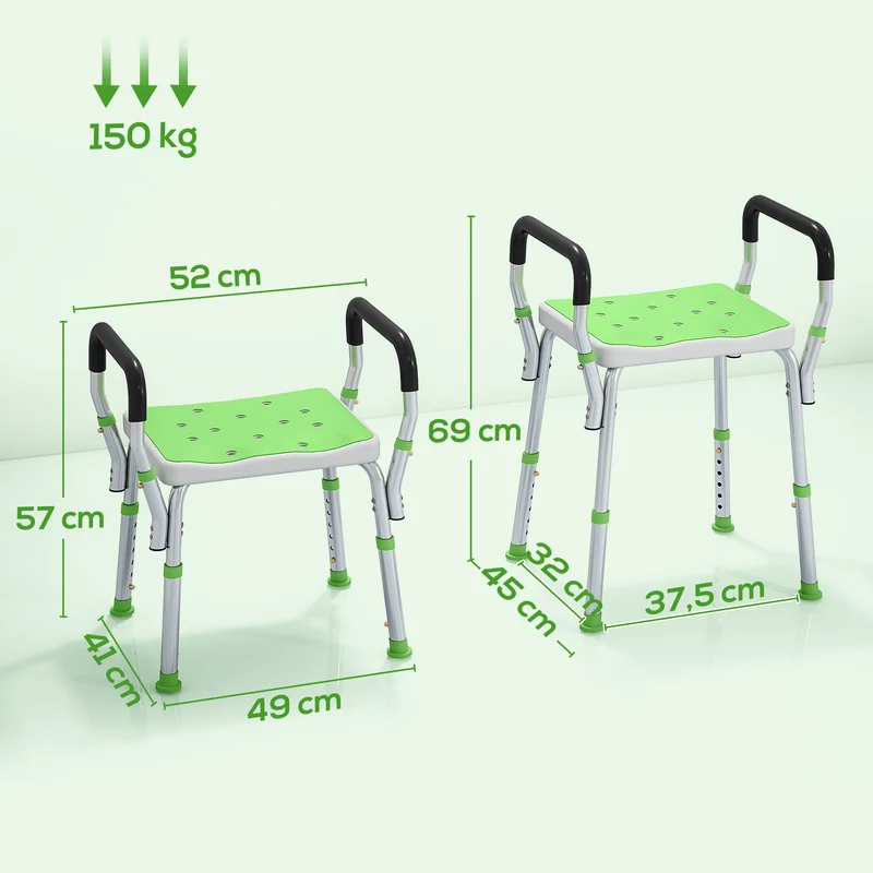 Tabouret de douche pour personnes âgées 52 x 45 x 57-69 cm assise antidérapante réglable design épuré en aluminium vert 21_0000851