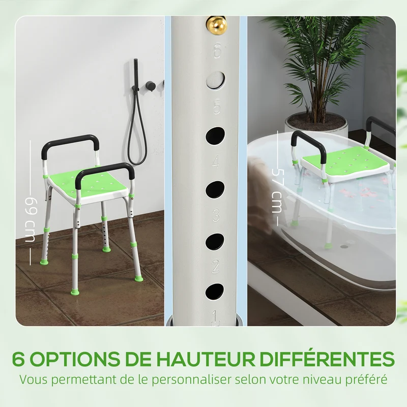 Tabouret de douche pour personnes âgées 52 x 45 x 57-69 cm assise antidérapante réglable design épuré en aluminium vert 21_0000851
