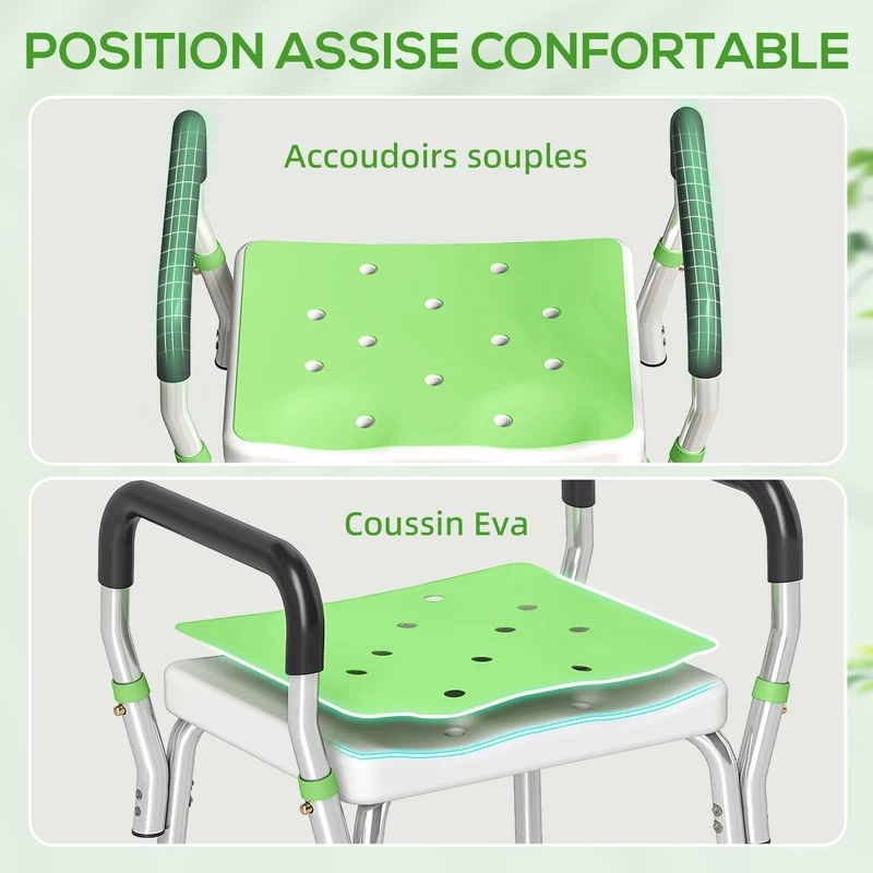 Tabouret de douche pour personnes âgées 52 x 45 x 57-69 cm assise antidérapante réglable design épuré en aluminium vert 21_0000851
