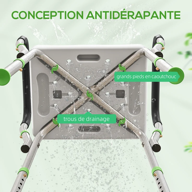 Tabouret de douche pour personnes âgées 52 x 45 x 57-69 cm assise antidérapante réglable design épuré en aluminium vert 21_0000851