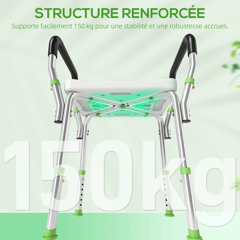Tabouret de douche pour personnes âgées 52 x 45 x 57-69 cm assise antidérapante réglable design épuré en aluminium vert 21_0000851