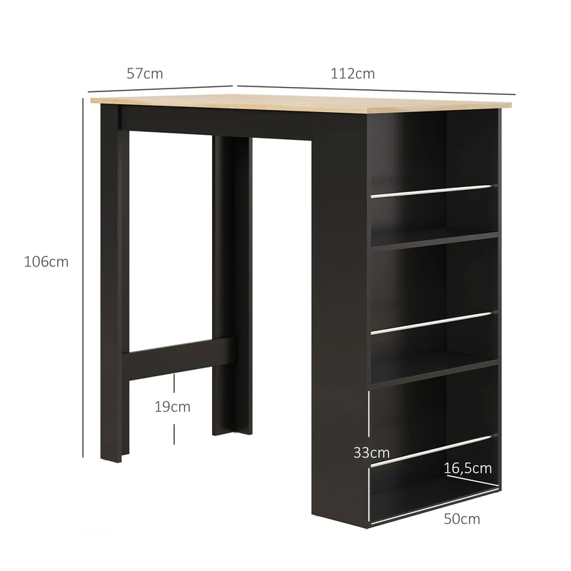 Table de bar mange-debout polyvalente 112 x 57 x 106 cm gain de place 3 étagères moderne en panneau de particules noir 21_0002223