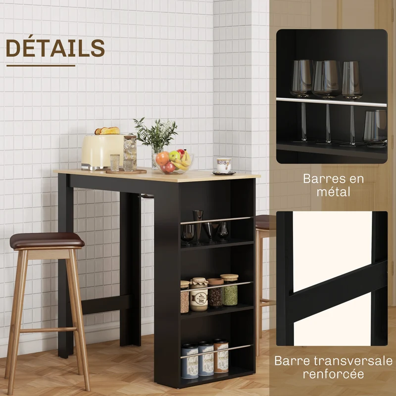 Table de bar mange-debout polyvalente 112 x 57 x 106 cm gain de place 3 étagères moderne en panneau de particules noir 21_0002223