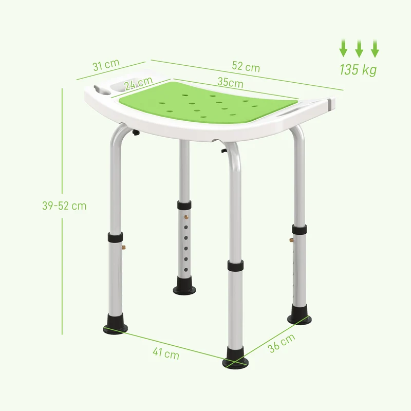 Siège de douche réglable salle de bain 52 x 31 x 39-52 cm pieds antidérapants capacité 135 kg épuré en aluminium blanc 21_0000867