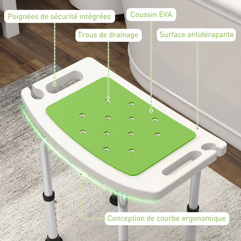 Siège de douche réglable salle de bain 52 x 31 x 39-52 cm pieds antidérapants capacité 135 kg épuré en aluminium blanc 21_0000867