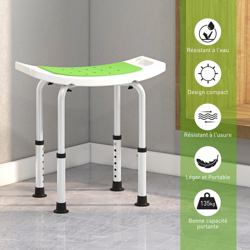 Siège de douche réglable salle de bain 52 x 31 x 39-52 cm pieds antidérapants capacité 135 kg épuré en aluminium blanc 21_0000867