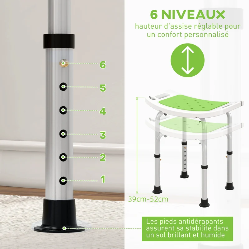 Siège de douche réglable salle de bain 52 x 31 x 39-52 cm pieds antidérapants capacité 135 kg épuré en aluminium blanc 21_0000867