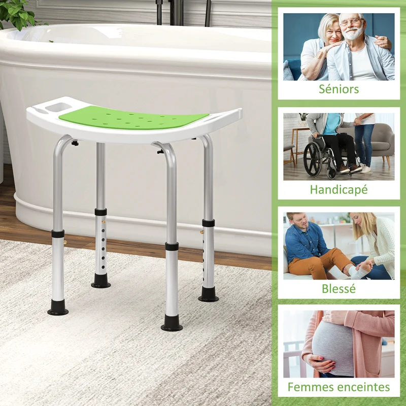 Siège de douche réglable salle de bain 52 x 31 x 39-52 cm pieds antidérapants capacité 135 kg épuré en aluminium blanc 21_0000867