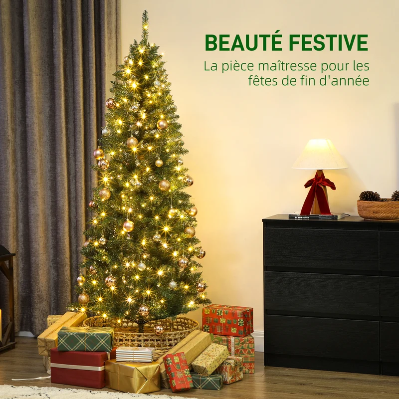 Sapin de noël artificiel étroit salon 75 x 180 cm montage facile 250 lampes branches articulées épuré en plastique vert 21_0003692