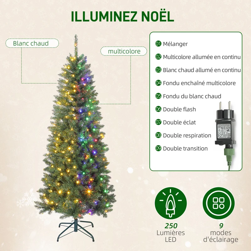 Sapin de noël artificiel étroit salon 75 x 180 cm montage facile 250 lampes branches articulées épuré en plastique vert 21_0003692
