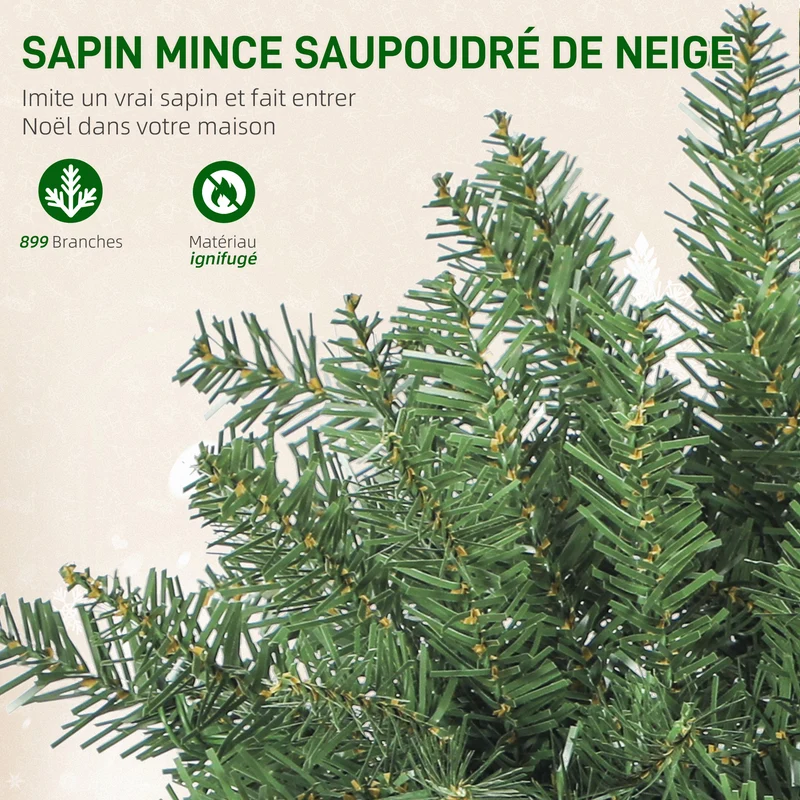 Sapin de noël artificiel étroit salon 75 x 180 cm montage facile 250 lampes branches articulées épuré en plastique vert 21_0003692