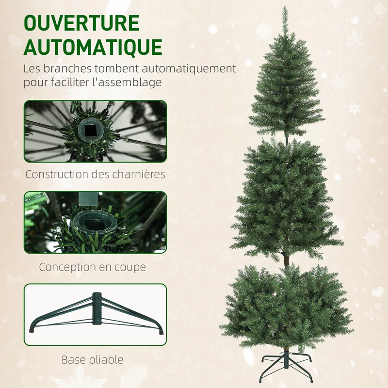 Sapin de noël artificiel étroit salon 75 x 180 cm montage facile 250 lampes branches articulées épuré en plastique vert 21_0003692