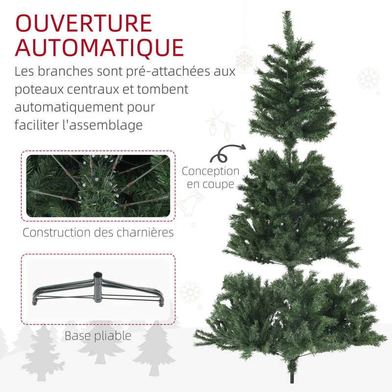 Sapin de noël artificiel forme large 110 x 110 x 180 cm ouverture auto branches ignifuges classique en plastique vert 21_0001372