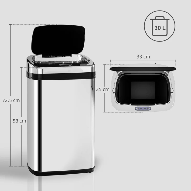 Poubelle de cuisine automatique à capteur 33 x 25 x 58 cm 30 l ouverture silencieuse moderne en acier inoxydable argenté 21_0000107