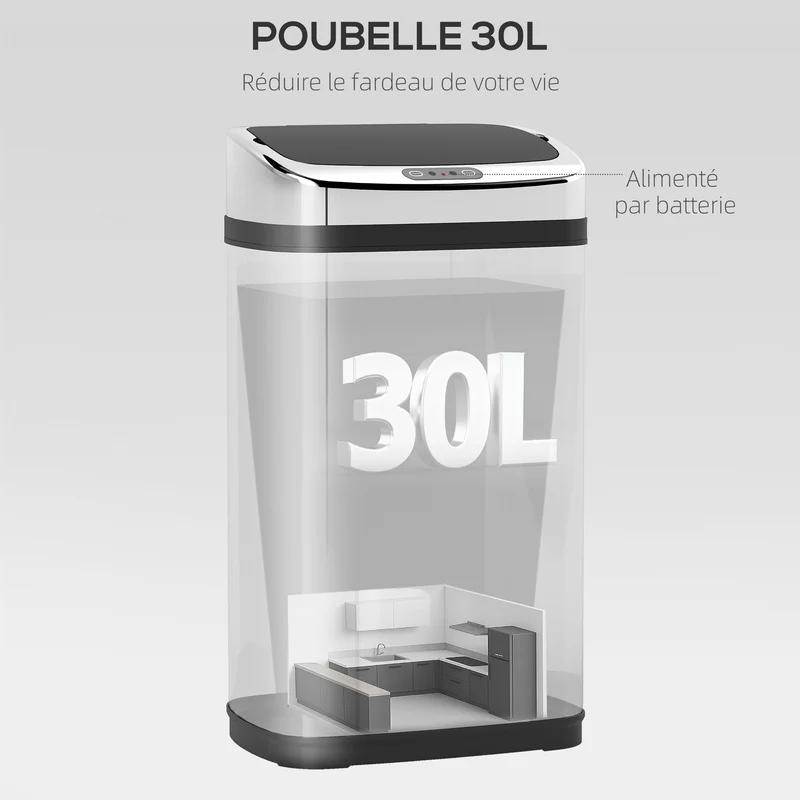 Poubelle de cuisine automatique à capteur 33 x 25 x 58 cm 30 l ouverture silencieuse moderne en acier inoxydable argenté 21_0000107