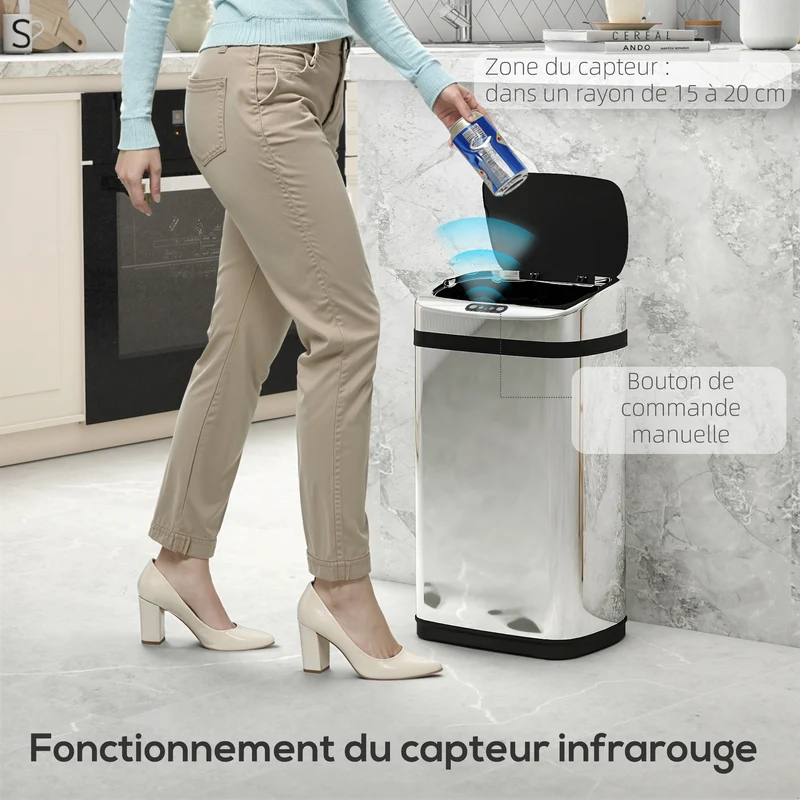 Poubelle de cuisine automatique à capteur 33 x 25 x 58 cm 30 l ouverture silencieuse moderne en acier inoxydable argenté 21_0000107