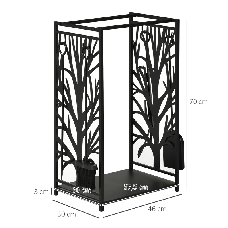 Porte bûches serviteur de cheminée arbre 46 x 29 x 70 cm avec étagère et 4 accessoires design industriel en acier noir 21_0003905