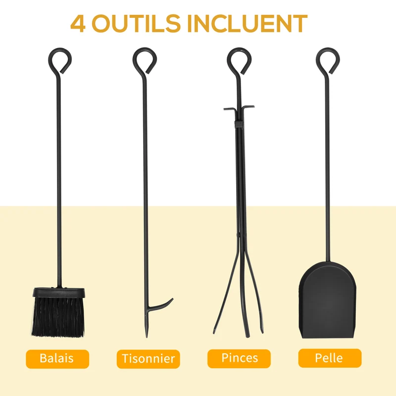 Porte bûches serviteur de cheminée arbre 46 x 29 x 70 cm avec étagère et 4 accessoires design industriel en acier noir 21_0003905