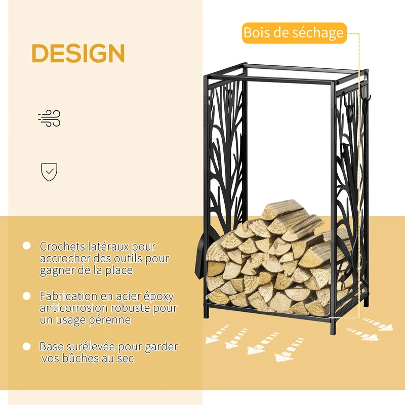 Porte bûches serviteur de cheminée arbre 46 x 29 x 70 cm avec étagère et 4 accessoires design industriel en acier noir 21_0003905