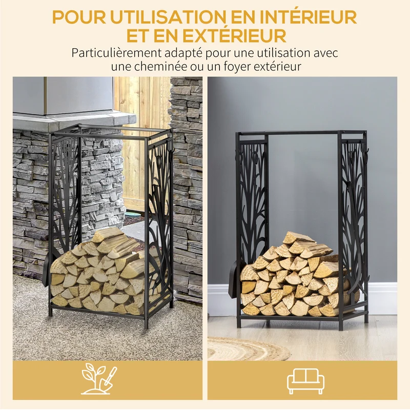Porte bûches serviteur de cheminée arbre 46 x 29 x 70 cm avec étagère et 4 accessoires design industriel en acier noir 21_0003905