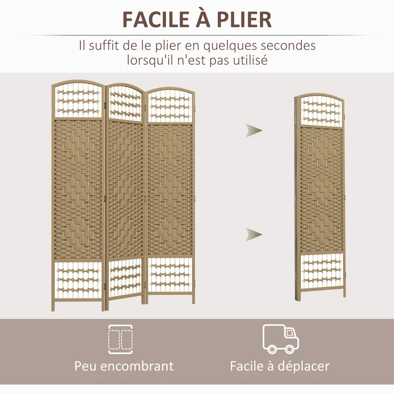 Paravent intérieur séparateur de pièce 3 panneaux 120 x 170 cm pliable intimité contemporain épuré en bois massif naturel 21_0001274