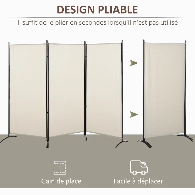 Paravent 3 panneaux séparateur de pièce 253 x 50 x 182 cm occultant brise-vue contemporain épuré en polyester beige 21_0001221