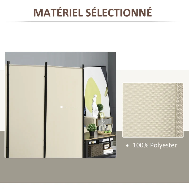 Paravent 3 panneaux séparateur de pièce 253 x 50 x 182 cm occultant brise-vue contemporain épuré en polyester beige 21_0001221