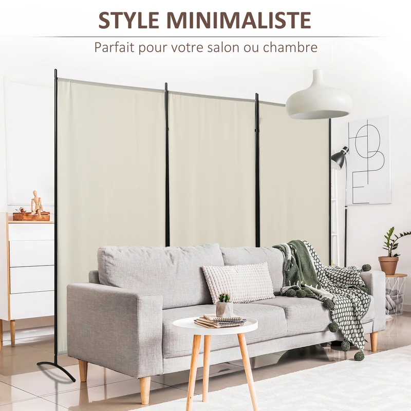 Paravent 3 panneaux séparateur de pièce 253 x 50 x 182 cm occultant brise-vue contemporain épuré en polyester beige 21_0001221