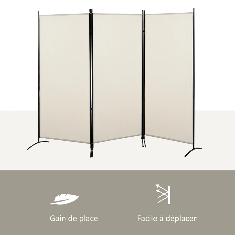 Paravent 3 panneaux séparateur de pièce 253 x 50 x 182 cm occultant brise-vue contemporain épuré en polyester beige 21_0001221