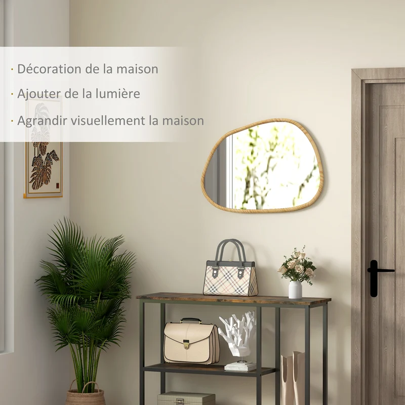 Miroir mural forme organique 70 x 50 x 2 cm pose facile 4 crochets verre épais scandinave épuré déco en bois naturel 21_0001344