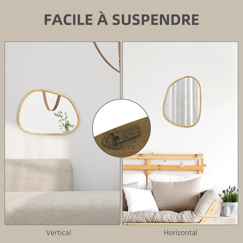 Miroir mural forme organique 70 x 50 x 2 cm pose facile 4 crochets verre épais scandinave épuré déco en bois naturel 21_0001344
