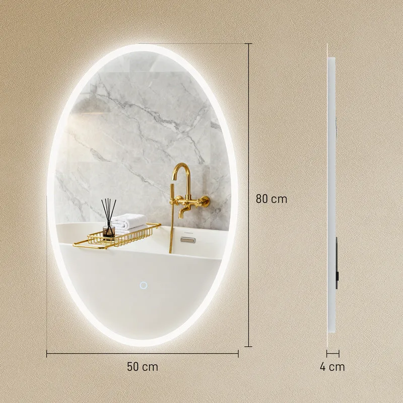 Miroir de salle de bain ovale 80 x 50 x 4 cm anti-buée luminosité réglable moderne épuré en verre trempé transparent 21_0002118