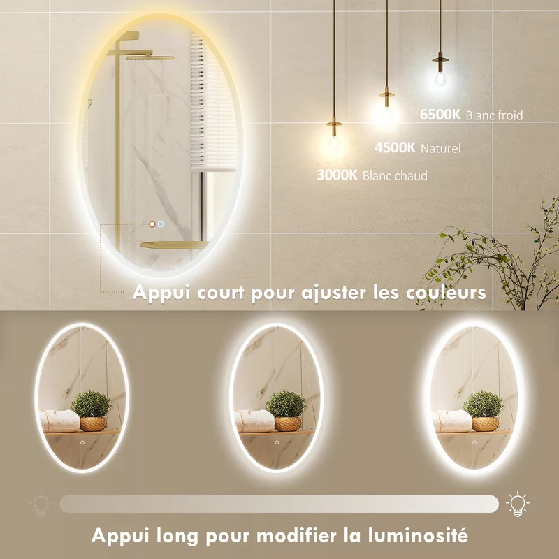 Miroir de salle de bain ovale 80 x 50 x 4 cm anti-buée luminosité réglable moderne épuré en verre trempé transparent 21_0002118