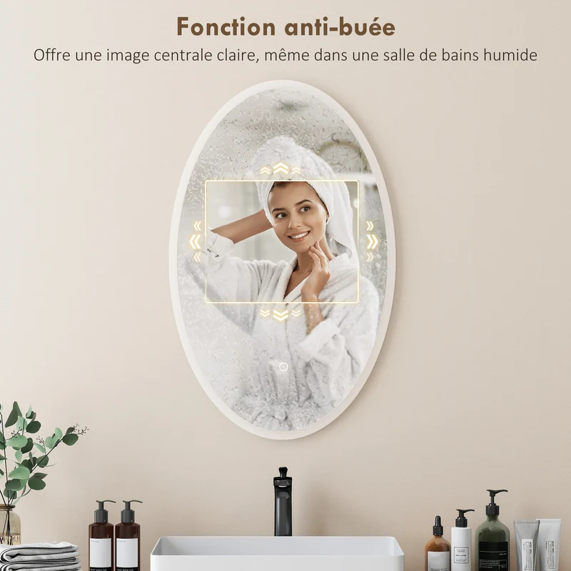 Miroir de salle de bain ovale 80 x 50 x 4 cm anti-buée luminosité réglable moderne épuré en verre trempé transparent 21_0002118