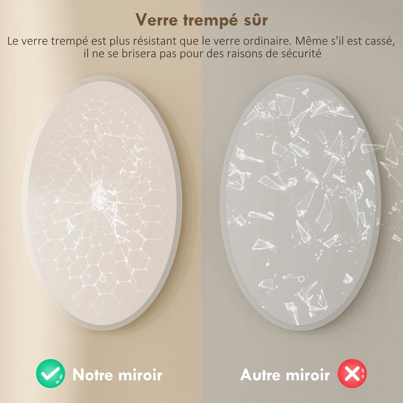 Miroir de salle de bain ovale 80 x 50 x 4 cm anti-buée luminosité réglable moderne épuré en verre trempé transparent 21_0002118