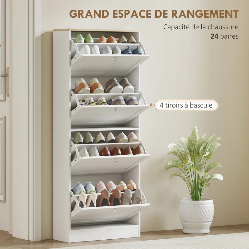 Meuble à chaussures entrée 60 x 23,5 x 153,3 cm gain de place 4 tiroirs réglables épuré en panneau de particules blanc 21_0002682