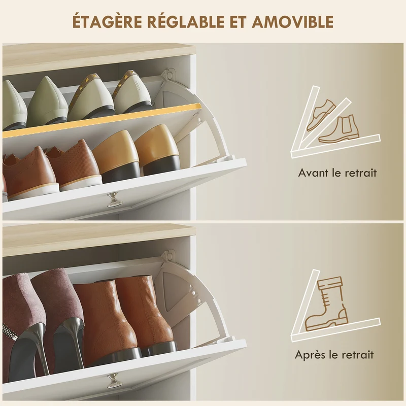 Meuble à chaussures entrée 60 x 23,5 x 153,3 cm gain de place 4 tiroirs réglables épuré en panneau de particules blanc 21_0002682
