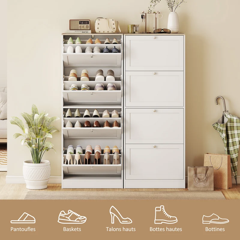 Meuble à chaussures entrée 60 x 23,5 x 153,3 cm gain de place 4 tiroirs réglables épuré en panneau de particules blanc 21_0002682