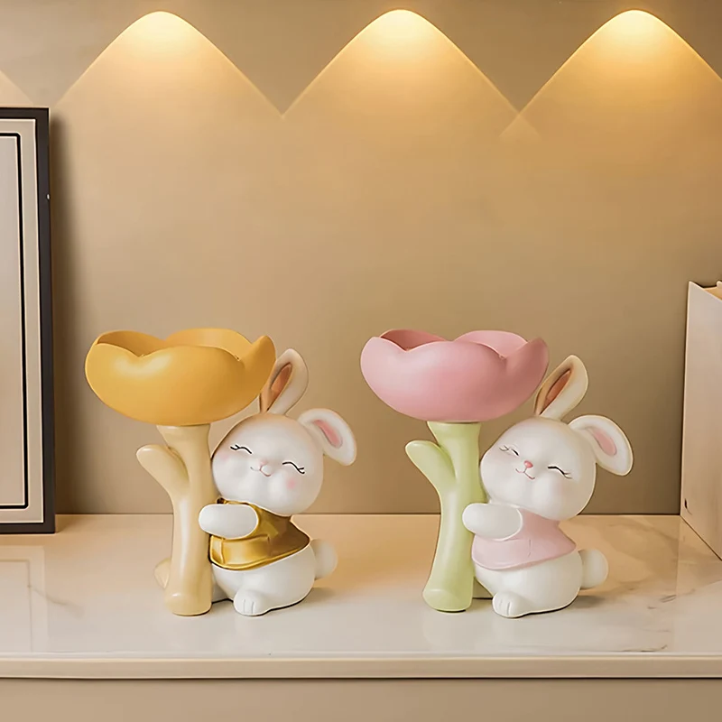Contemporary Creative Resin Solid Wood Bunny Cat Table Decor With Jewelry Hanger For Living Room & Entryway