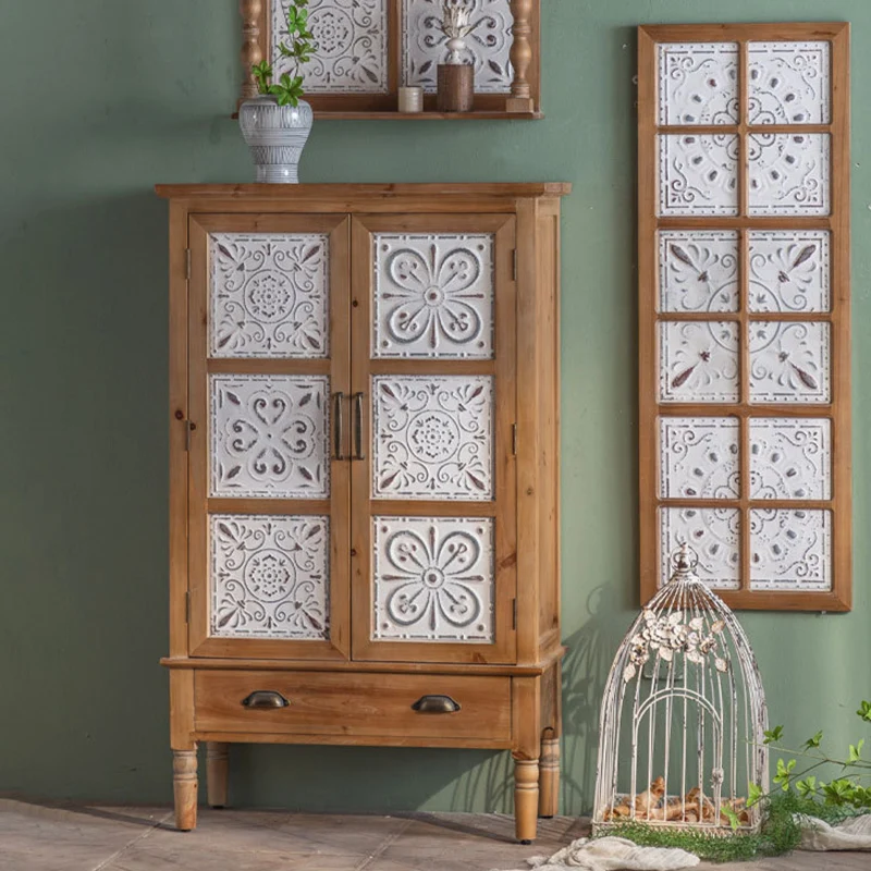 Traditional French Iron Solid Wood & MDF Rectangular Patterned Storage Cabinet With 2/3-Tier For Living Room