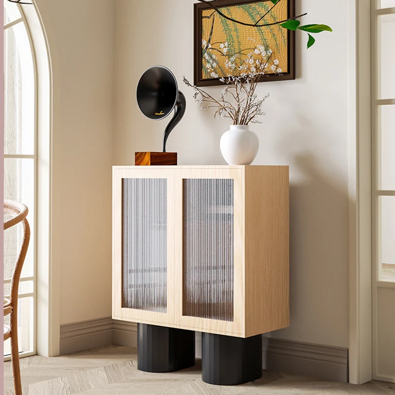 Contemporary Nordic Oak Veneer MDF Tempered Glass Rectangular Storage Cabinet With 4-Tier For Living Room