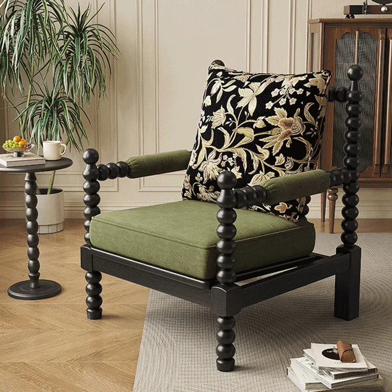 Traditional French Solid Wood Fabric Linen Upholstered Accent Chair With Backrest & Armrests For Living Room