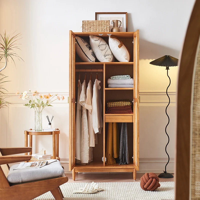Traditional Japanese Natural Rattan Weaving Ash Wood & Plywood Rectangular Wardrobe With 5-Tier Storage & Hanging Rod For Bedroom