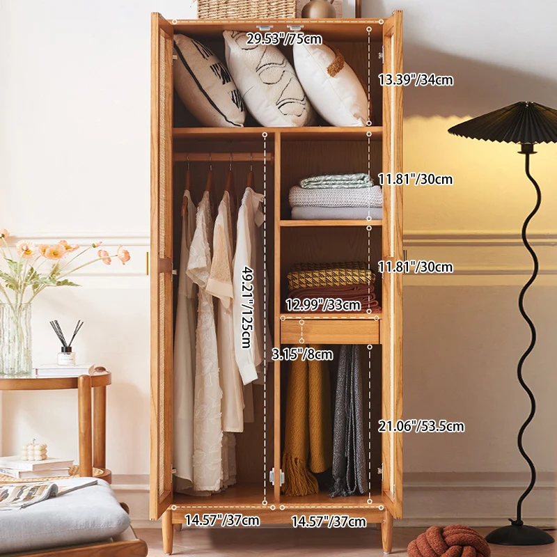 Traditional Japanese Natural Rattan Weaving Ash Wood & Plywood Rectangular Wardrobe With 5-Tier Storage & Hanging Rod For Bedroom