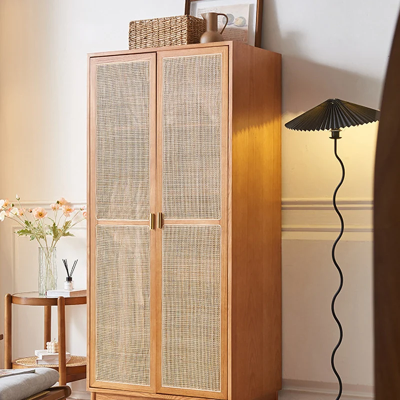 Traditional Japanese Natural Rattan Weaving Ash Wood & Plywood Rectangular Wardrobe With 5-Tier Storage & Hanging Rod For Bedroom