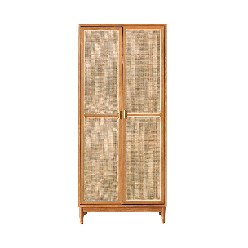Traditional Japanese Natural Rattan Weaving Ash Wood & Plywood Rectangular Wardrobe With 5-Tier Storage & Hanging Rod For Bedroom