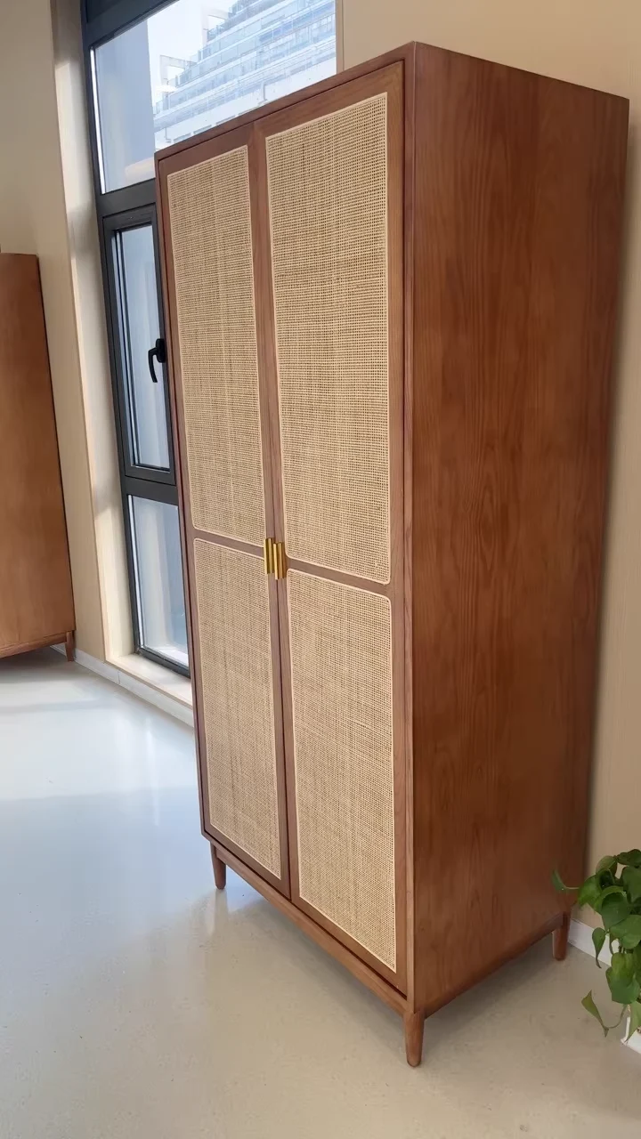 Traditional Japanese Natural Rattan Weaving Ash Wood & Plywood Rectangular Wardrobe With 5-Tier Storage & Hanging Rod For Bedroom