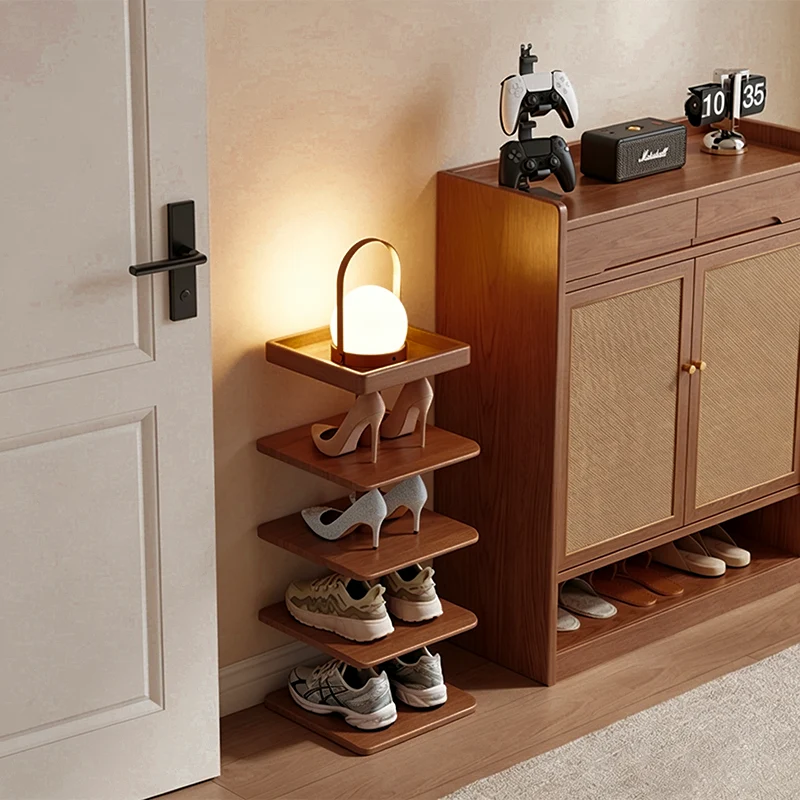 Modern Minimalist Rubberwood Square Shoe Storage 4/6-Tier Narrow & Space-Saving Shoe Rack For Entryway